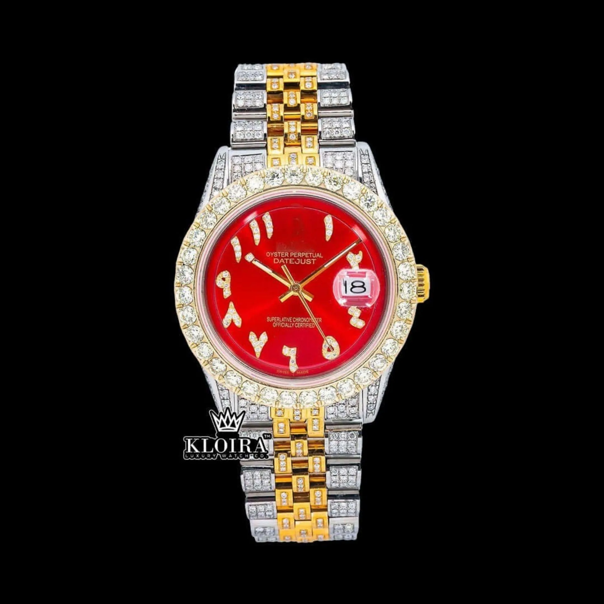 Red and Gold Watch with Moissanite Details Two Tone Red Dial Arabic Numerals Iced Out Moissanite Watch main image 4