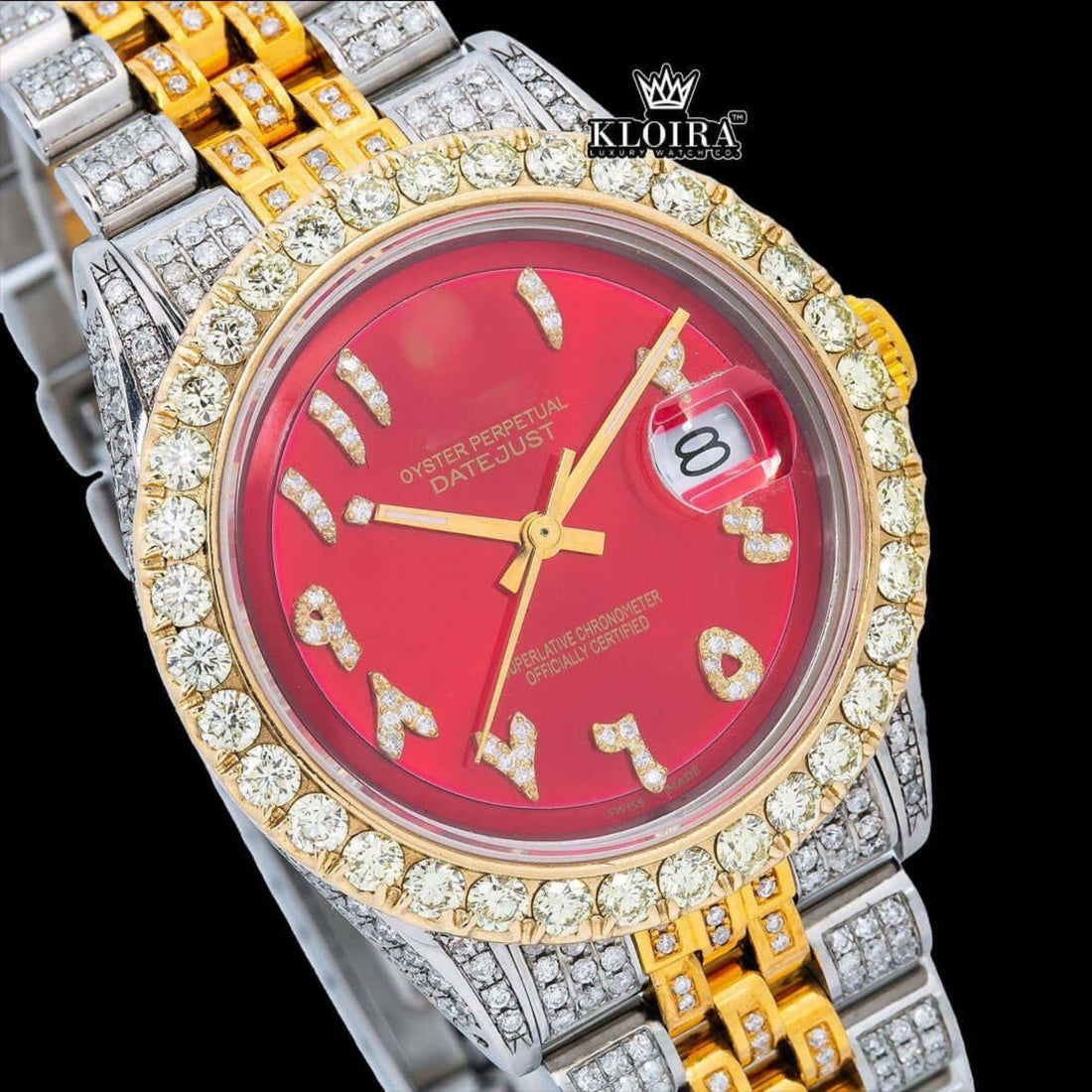 Two Tone Red Dial Gold Arabic Numerals Full Iced Out Moissanite Watch Front View