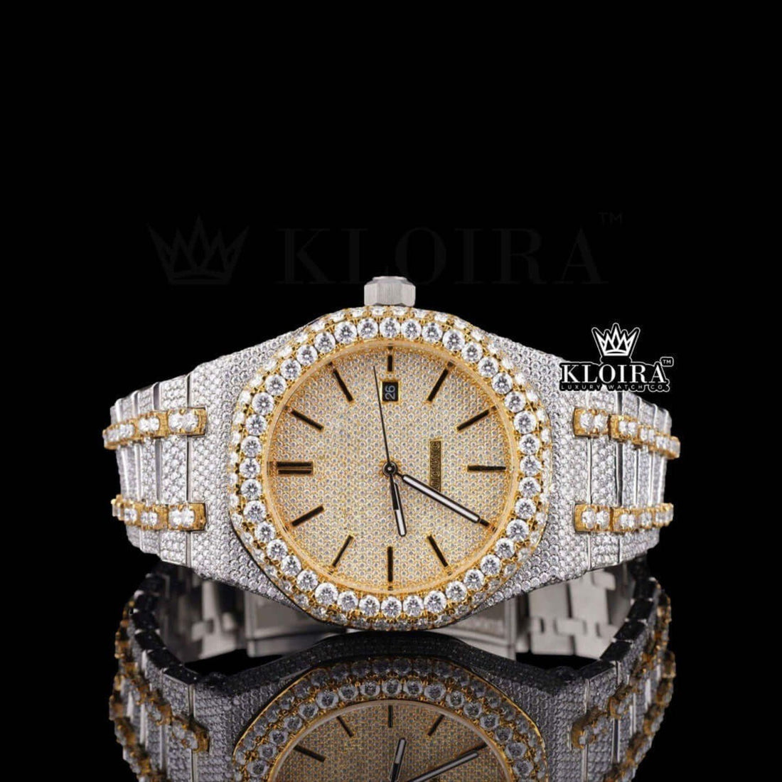 Two Tone Yellow Gold Dial Iced Out Moissanite Diamond Watch Front View