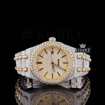 Two Tone Yellow Gold Dial Iced Out Moissanite Diamond Watch Front View