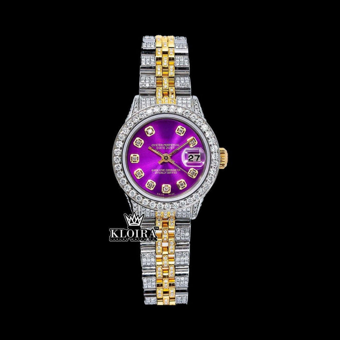 Violet Royale Moissanite Diamond Watch 14K Gold VVS 13 Carat 42mm Front View