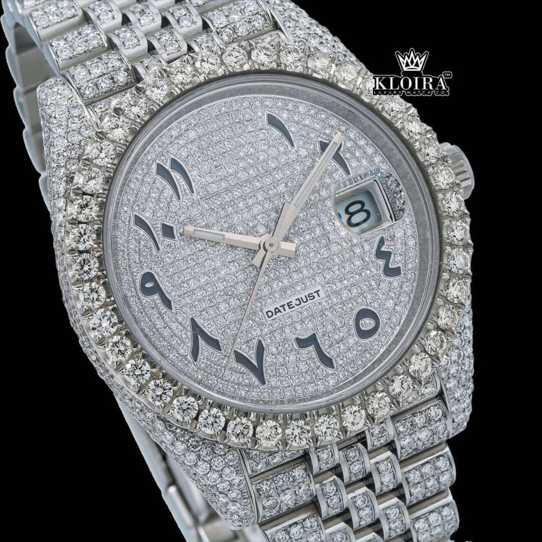 White Dial Arabic Numerals Full Iced Out Moissanite Watch Front View