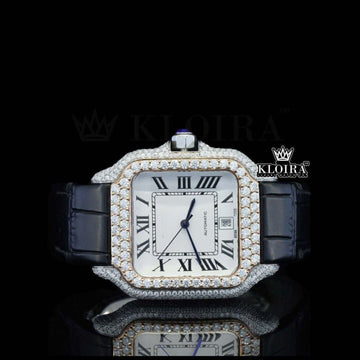 White Dial Black Leather Strap Moissanite Diamond Watch Front View