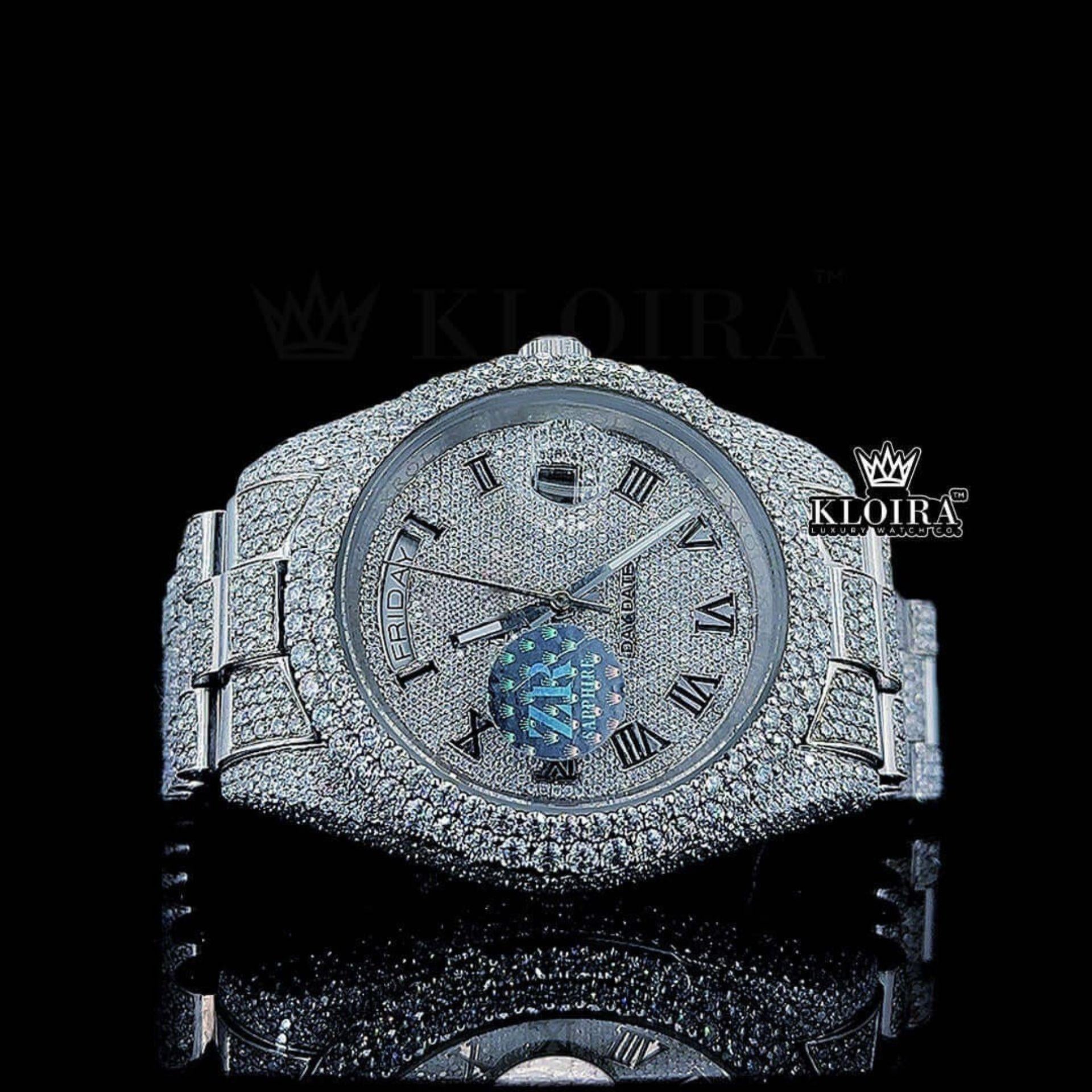 White Dial Black Roman Numerals Fully Iced Out Moissanite Watch