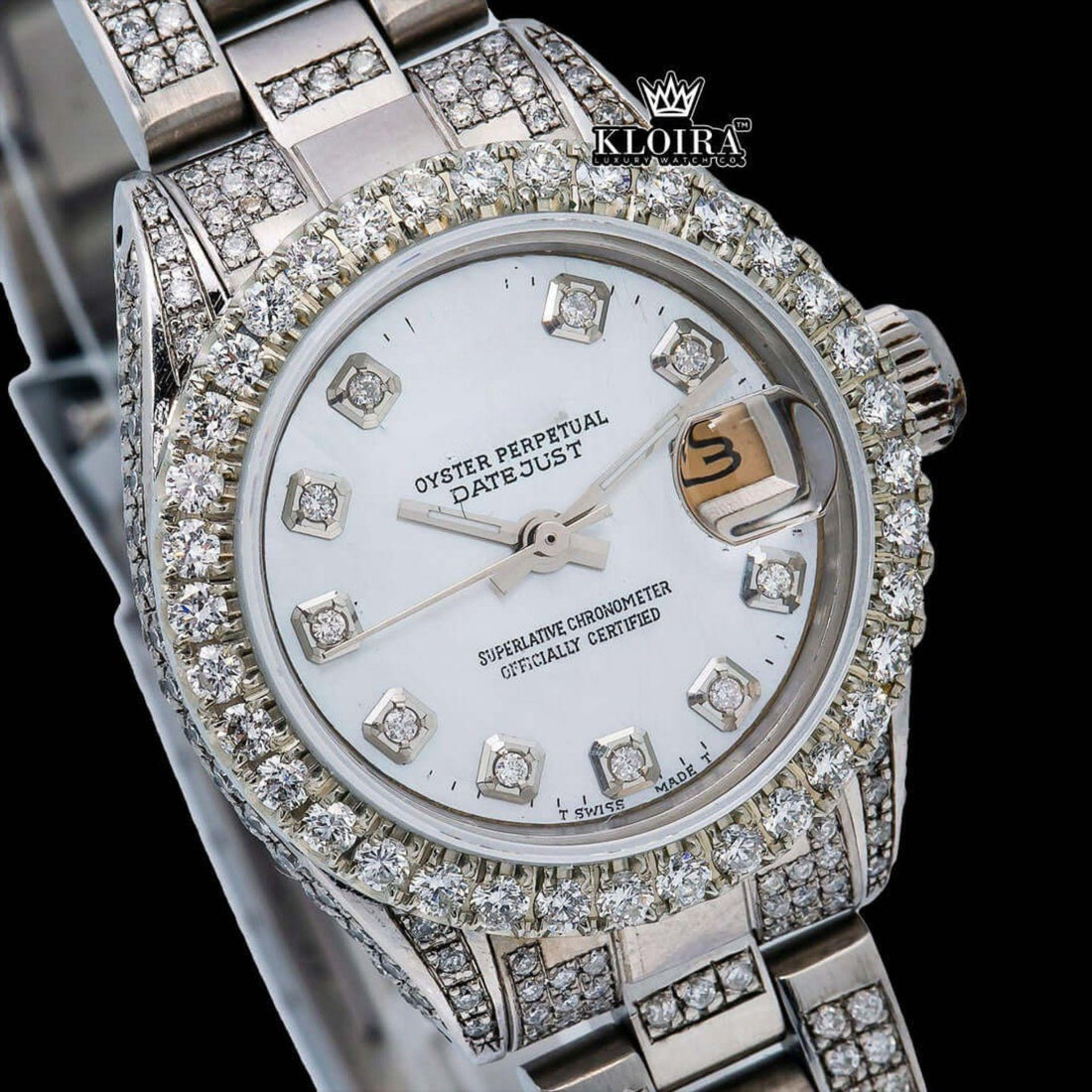 White Dial Date Display Moissanite Diamond Watch 14K Gold VVS 18 Carat 38mm Front View