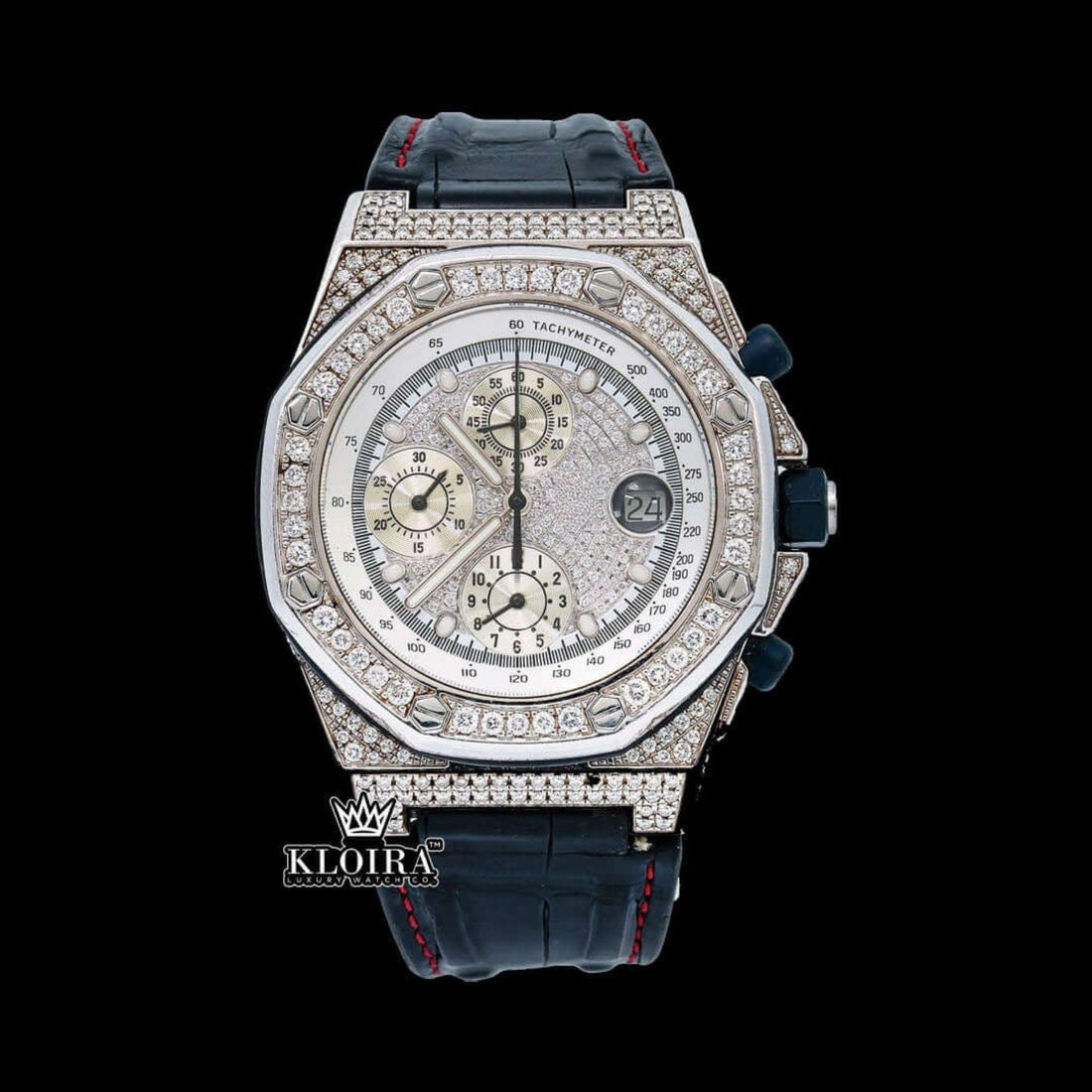 White Dial Leather Strap Moissanite Diamond Watch 14K Gold VVS 42mm Front View