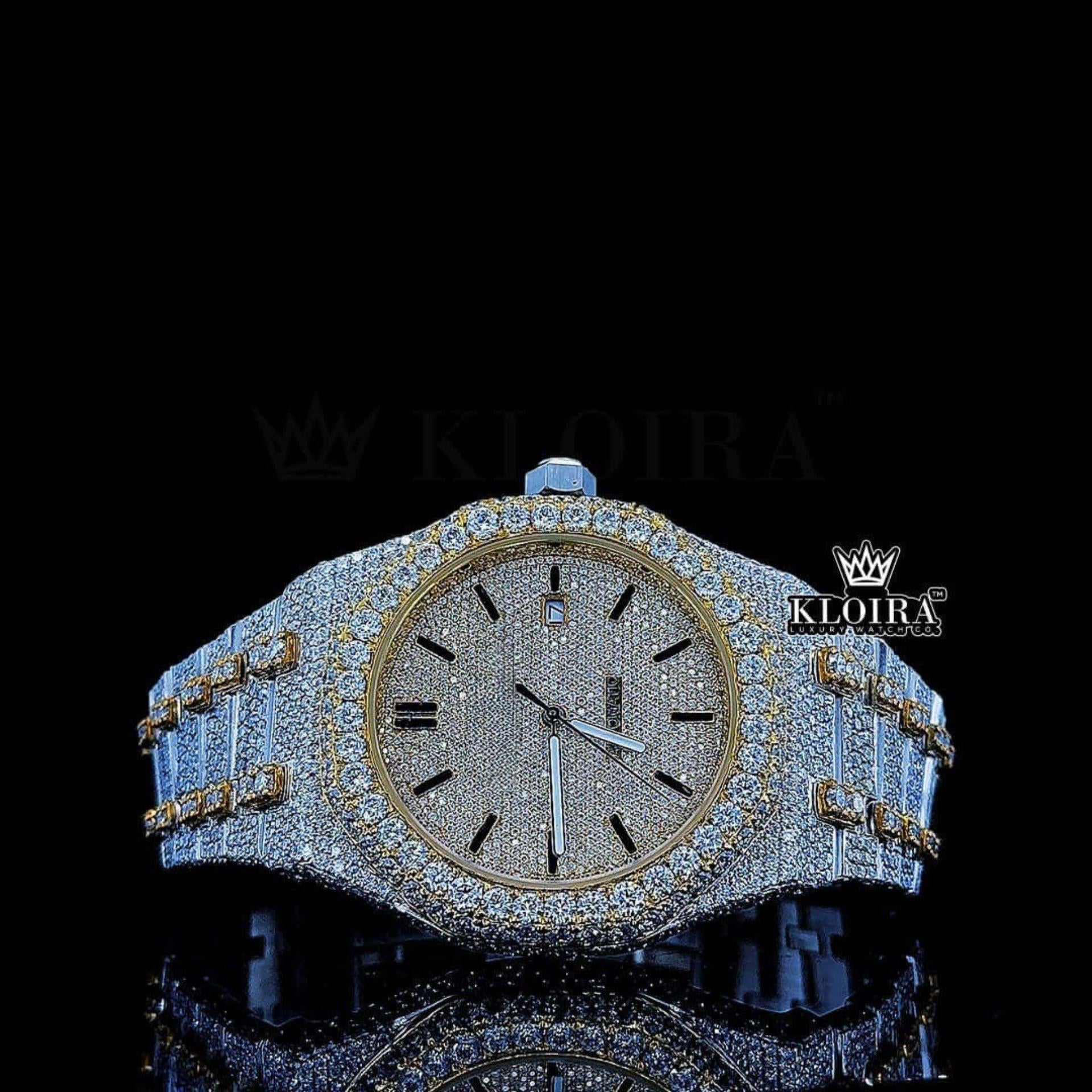 Yellow Dial Black Stick Markers Two Tone Moissanite Diamond Watch