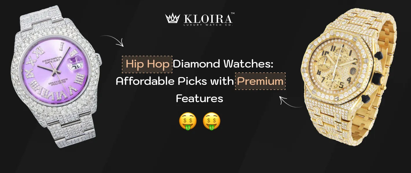 Hip Hop Diamond Watches with luxury iced out designs showing purple dial silver strap and gold chronograph model