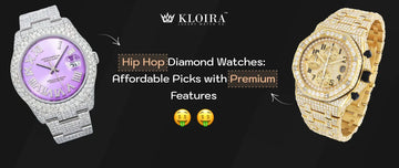 Hip Hop Diamond Watches with luxury iced out designs showing purple dial silver strap and gold chronograph model