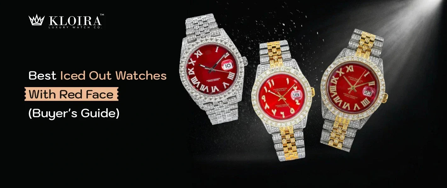 Best iced out watches with red face featuring luxury moissanite designs, fully iced bezels, and two-tone and silver bracelets from Kloira.