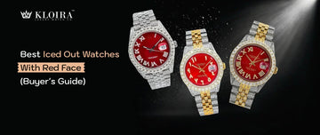 Best iced out watches with red face featuring luxury moissanite designs, fully iced bezels, and two-tone and silver bracelets from Kloira.