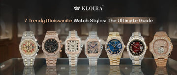 Seven trendy moissanite watch styles displayed together, showcasing different designs, colors, and luxury finishes.