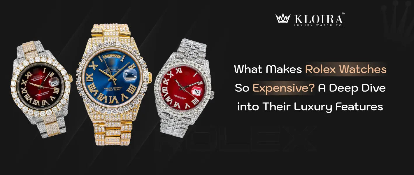Why Are Rolex So Expensive with a close-up view of diamond-encrusted Rolex watches in striking red, blue, and black dials highlighting their luxury features and craftsmanship.
