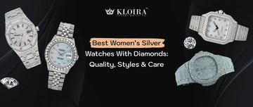 Women’s silver watches with diamonds in different styles, showcasing luxury designs and sparkling details.