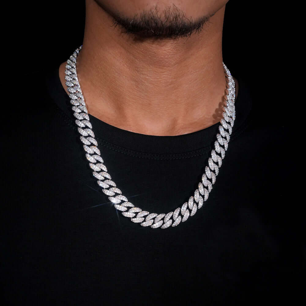 10mm Round Moissanite Cuban Link Chain Glacial in 14K White Gold full