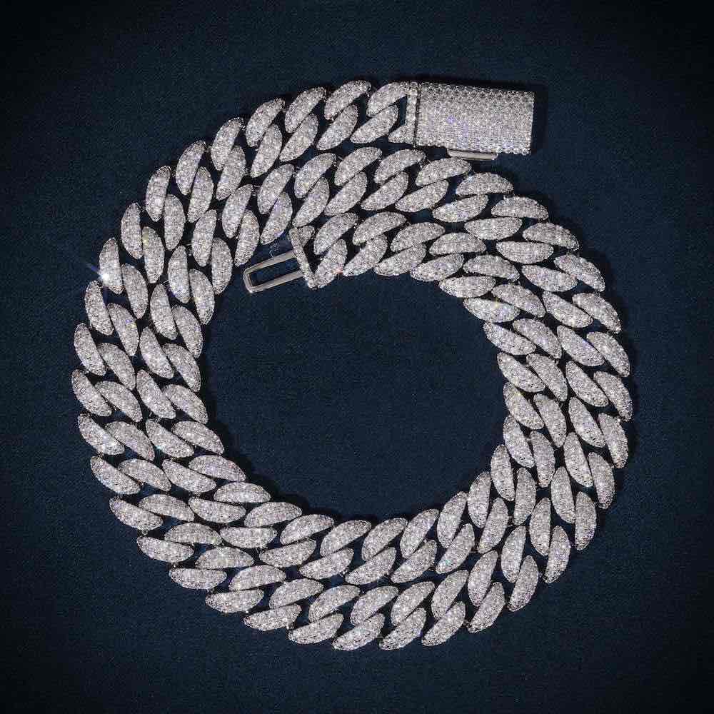 10mm Round Moissanite Cuban Link Chain Glacial in 14K White Gold full