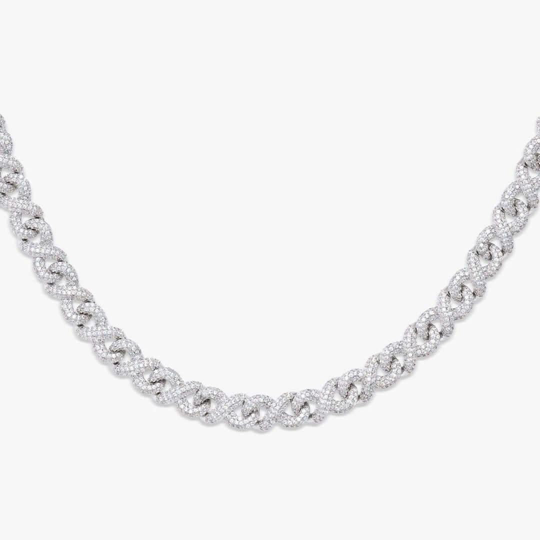 10mm Round Moissanite Cuban Link Chain CrestWeave in 14K White Gold Closeup Front