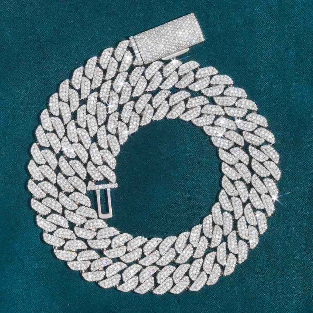 10mm Round Moissanite Cuban Link Chain DiamondVibe in 14K White Gold Full