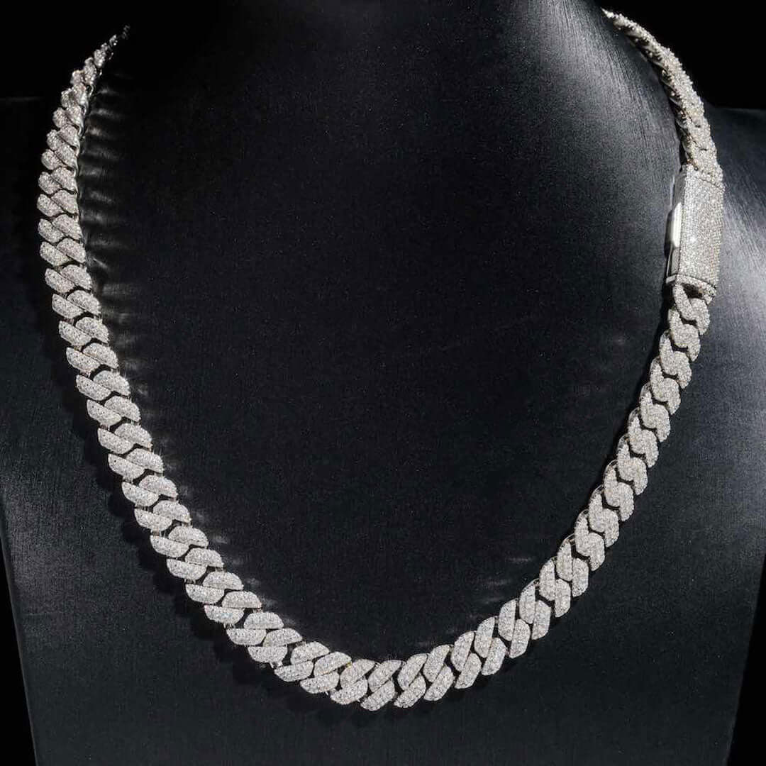 10mm Round Moissanite Cuban Link Chain DiamondVibe in 14K White Gold Full