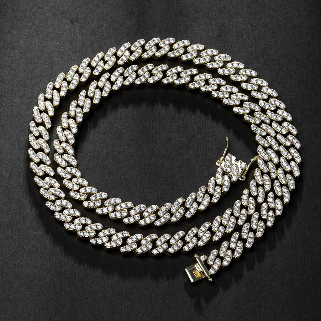 10mm Round Moissanite Cuban Link Chain Regalia in 14K Yellow Gold Front