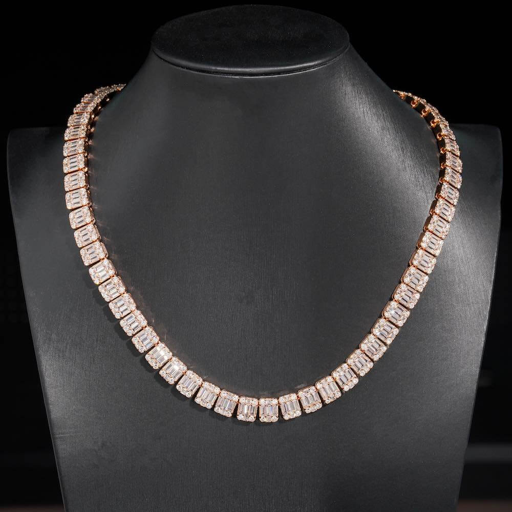 11mm Round Moissanite Tennis Chain BaguetteGlow in 14K Rose Gold Front