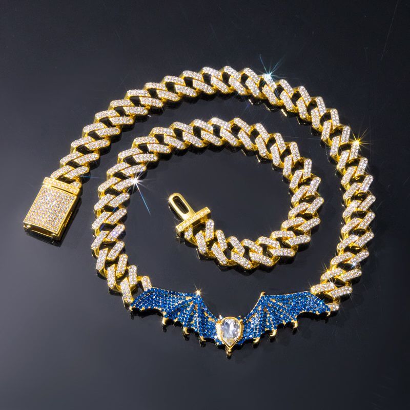 12mm Round Moissanite Cuban Link Chain Batlink in 14K Yellow Gold Front
