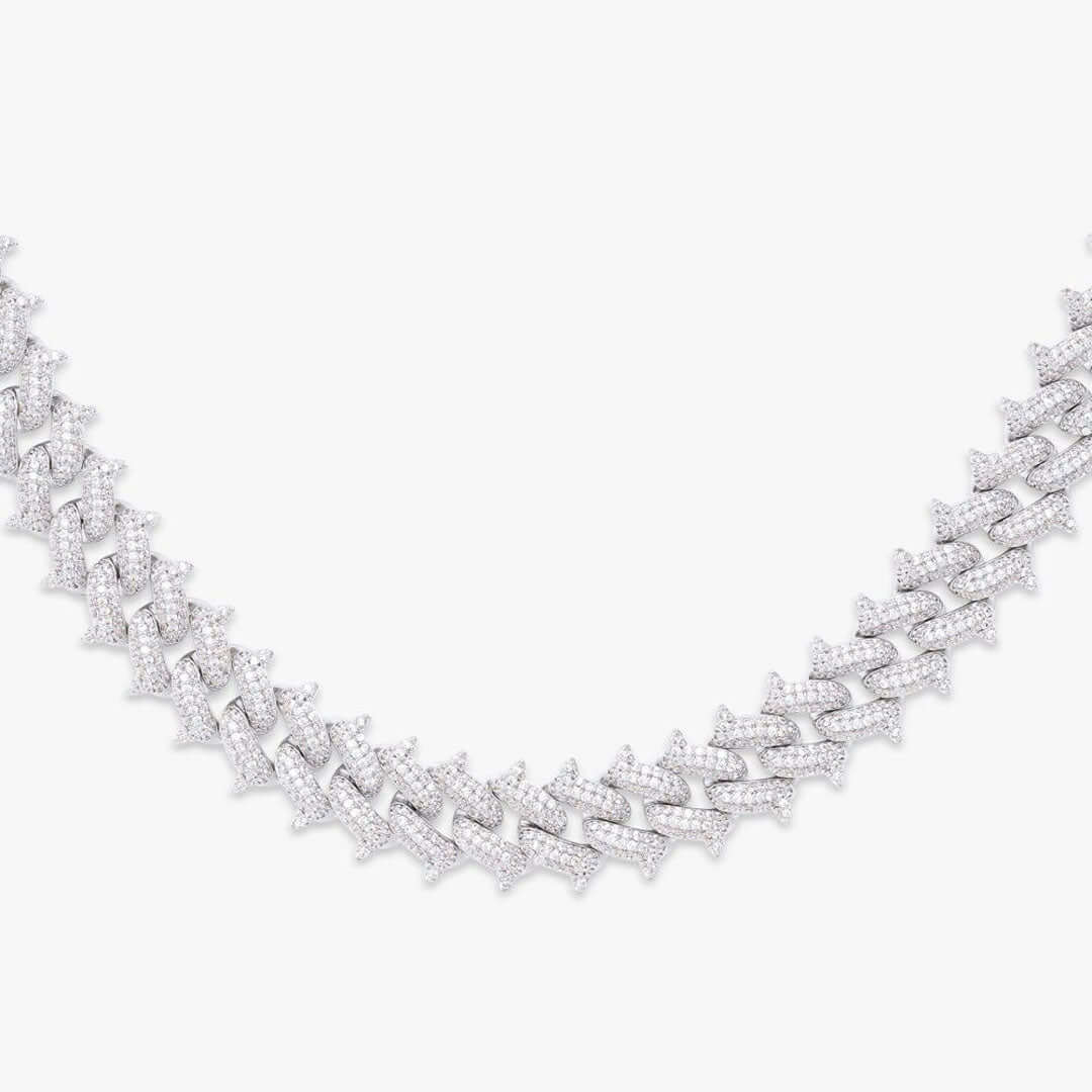 12mm Round Moissanite Cuban Link Chain PureWeave in 14K White Gold Closeup Front