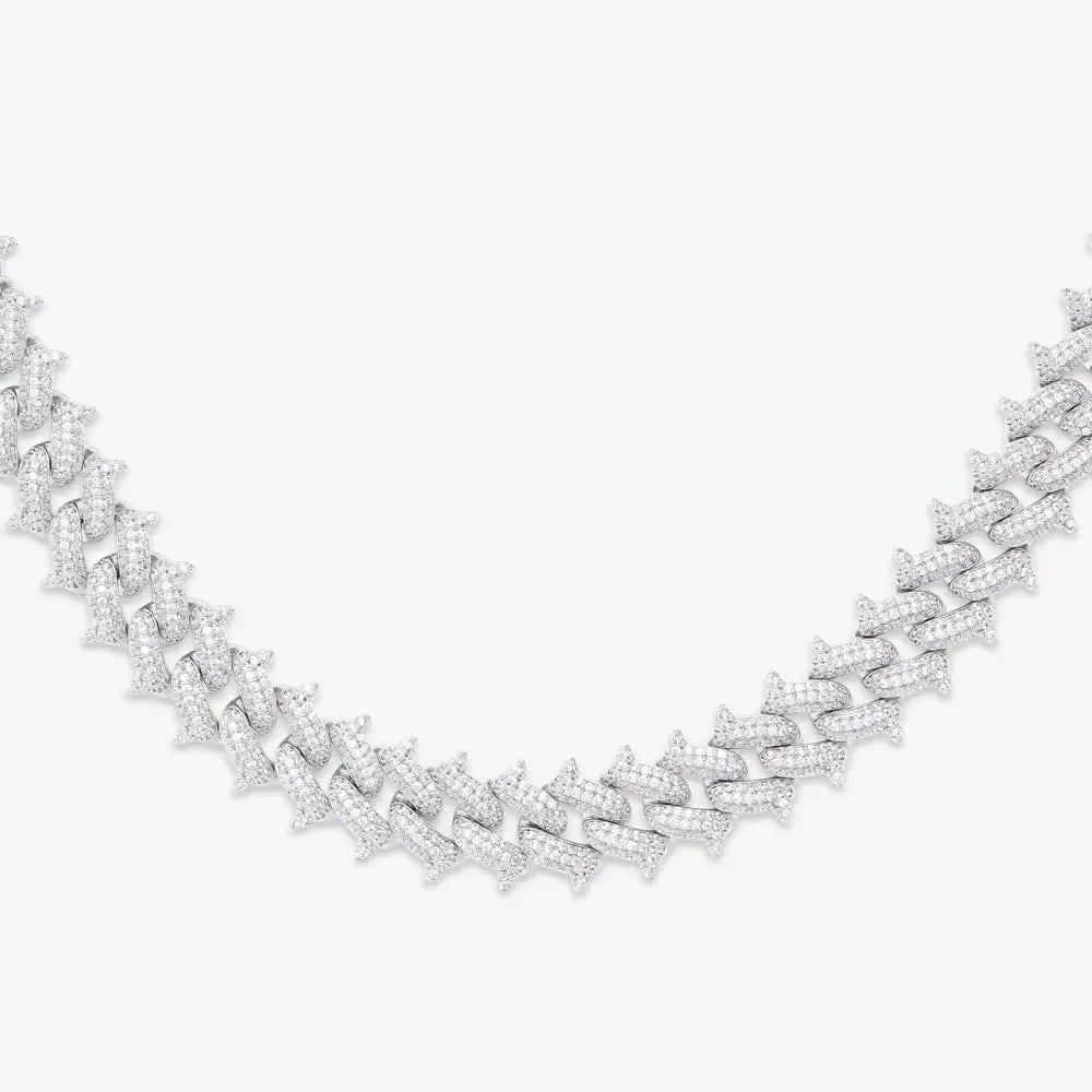 12mm Round Moissanite Cuban Link Chain Strandflare in 14K White Gold Closeup Front
