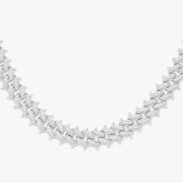 12mm Round Moissanite Cuban Link Chain Strandflare in 14K White Gold Closeup Front