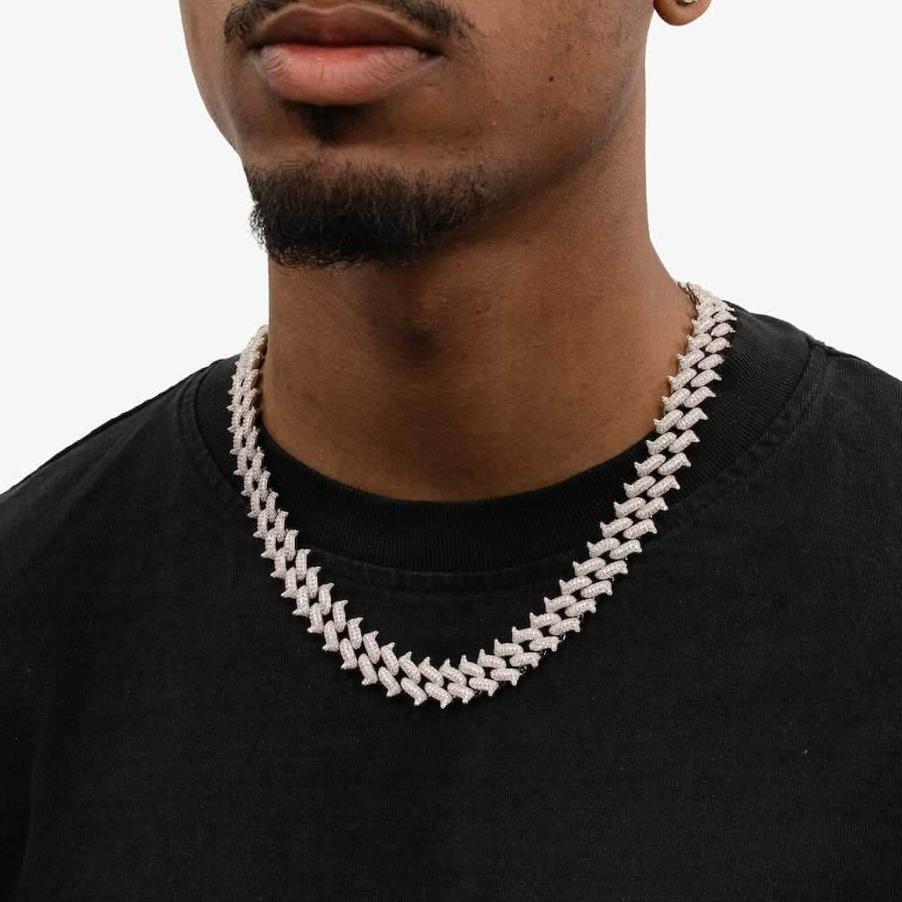 12mm Round Moissanite Cuban Link Chain Strandflare in 14K White Gold Closeup Front