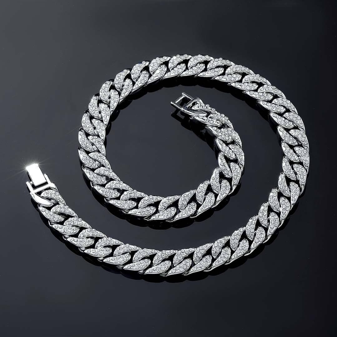 13mm Round Moissanite Cuban Link Chain Silvage in 14K White Gold Front
