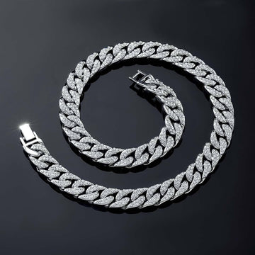 13mm Round Moissanite Cuban Link Chain Silvage in 14K White Gold Front