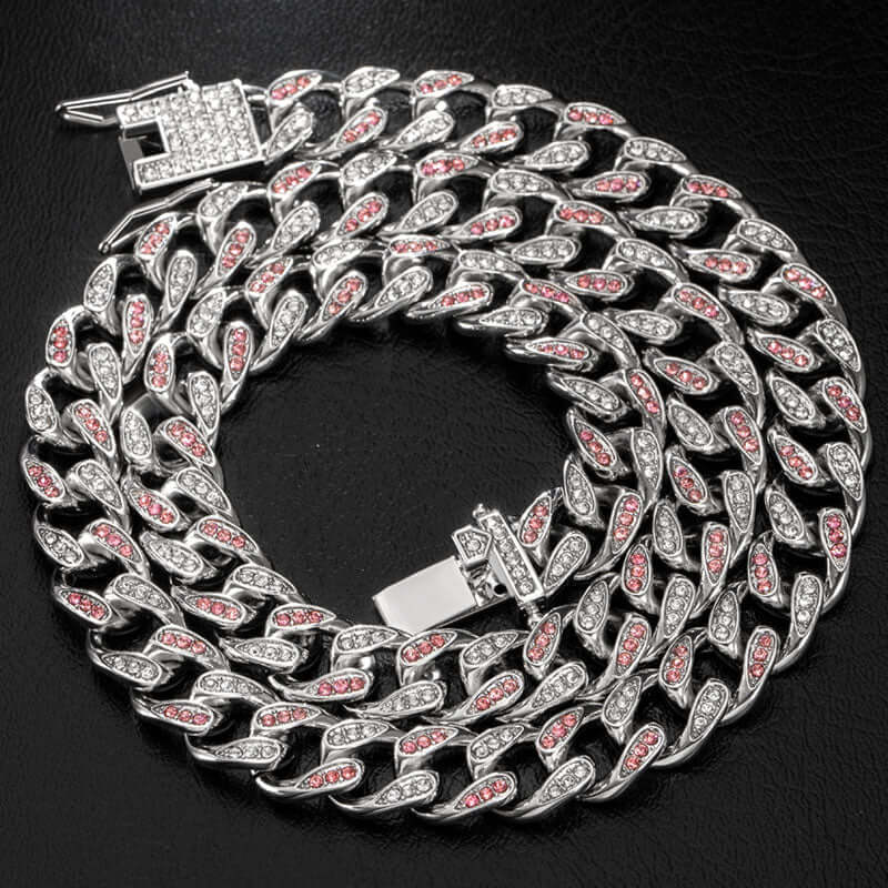 14mm Round Moissanite Cuban Link Chain Crimson in 14K White Gold