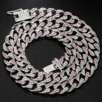 14mm Round Moissanite Cuban Link Chain Crimson in 14K White Gold