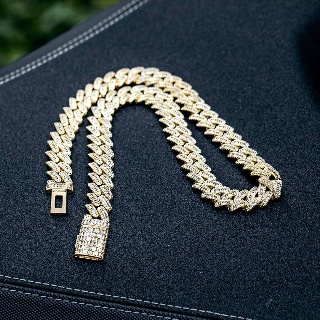 14mm Round Moissanite Cuban Link Chain Vanguard in 14K Yellow Gold Closeup 