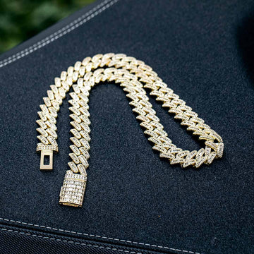 14mm Round Moissanite Cuban Link Chain Vanguard in 14K Yellow Gold Closeup 