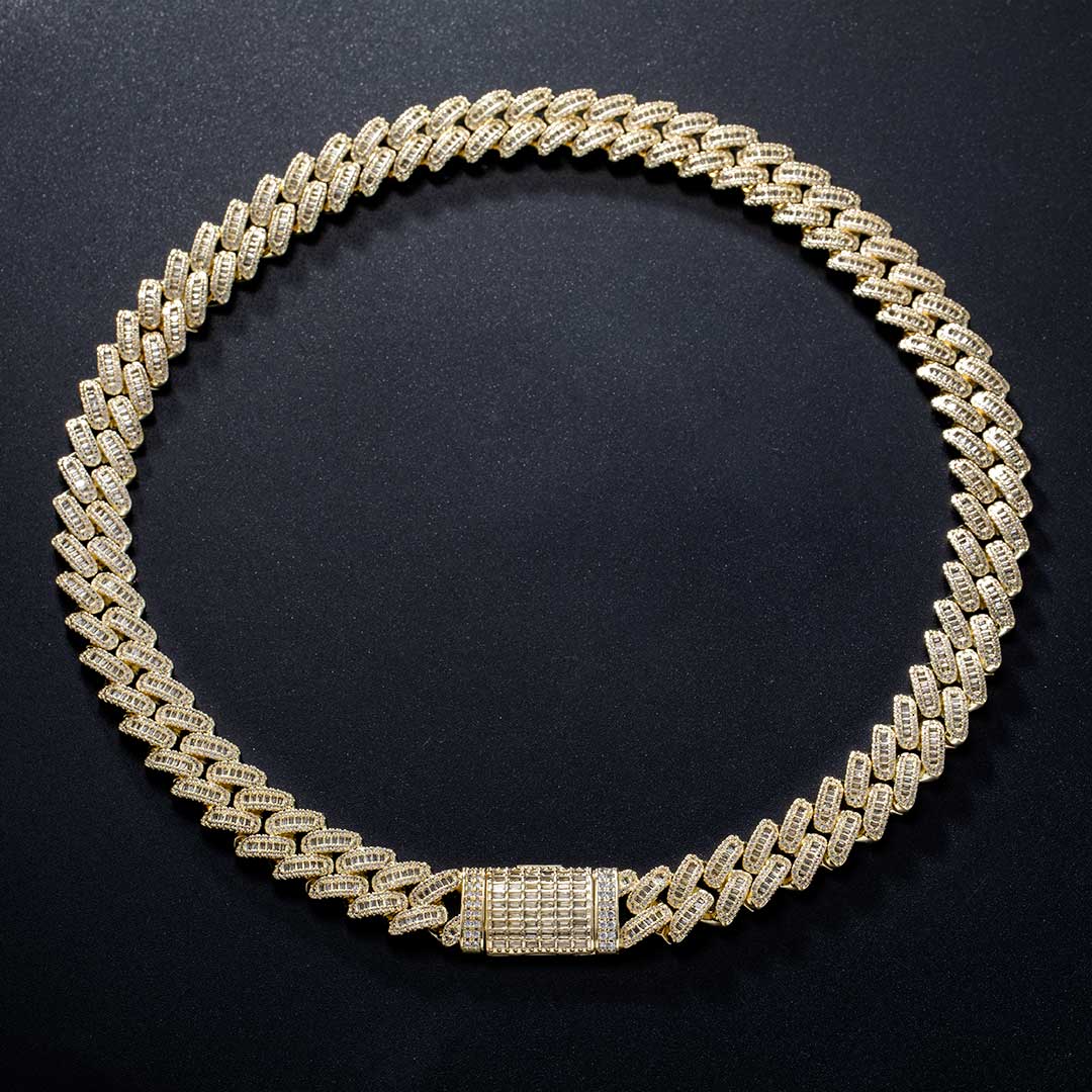 14mm Round Moissanite Cuban Link Chain Vanguard in 14K Yellow Gold Closeup 
