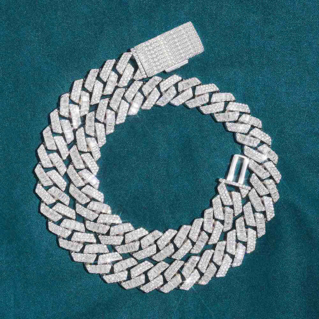 15mm Round Moissanite Cuban Link Chain VividWeave in 14K White Gold Front