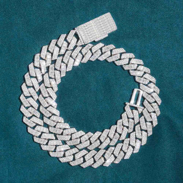 15mm Round Moissanite Cuban Link Chain VividWeave in 14K White Gold Front