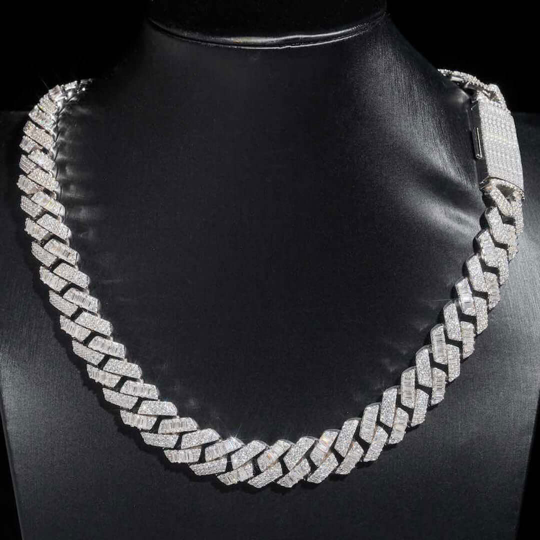 15mm Round Moissanite Cuban Link Chain VividWeave in 14K White Gold Front