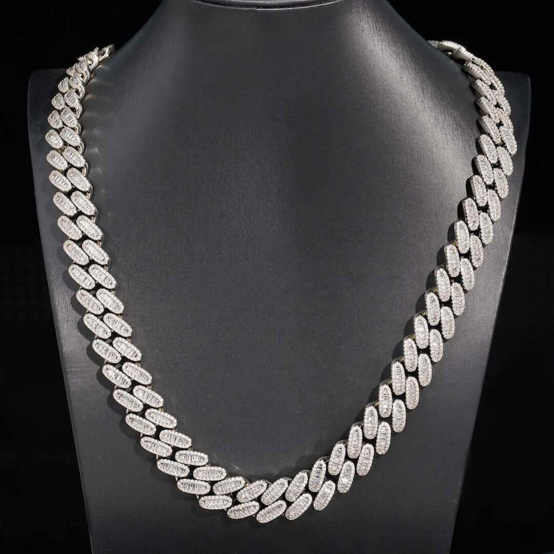 16mm Round Moissanite Cuban Link Chain Glorix in 14K White Gold Full