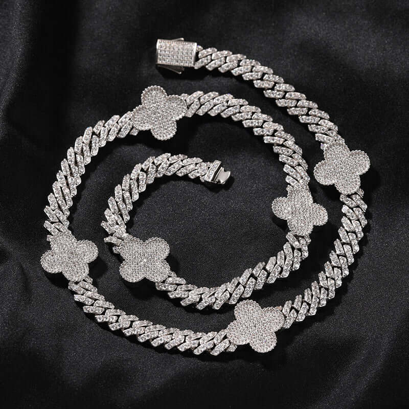 18mm Round Moissanite Cuban Link Chain FloralLink in 14K White Gold Front