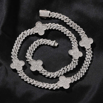 18mm Round Moissanite Cuban Link Chain FloralLink in 14K White Gold Front
