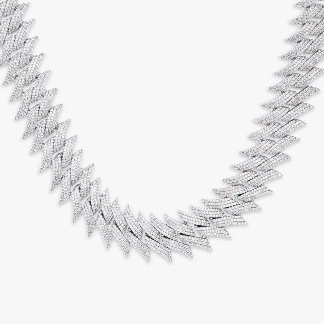 18mm Round Moissanite Cuban Link Chain SharpFlow in 14K White Gold Closeup Front