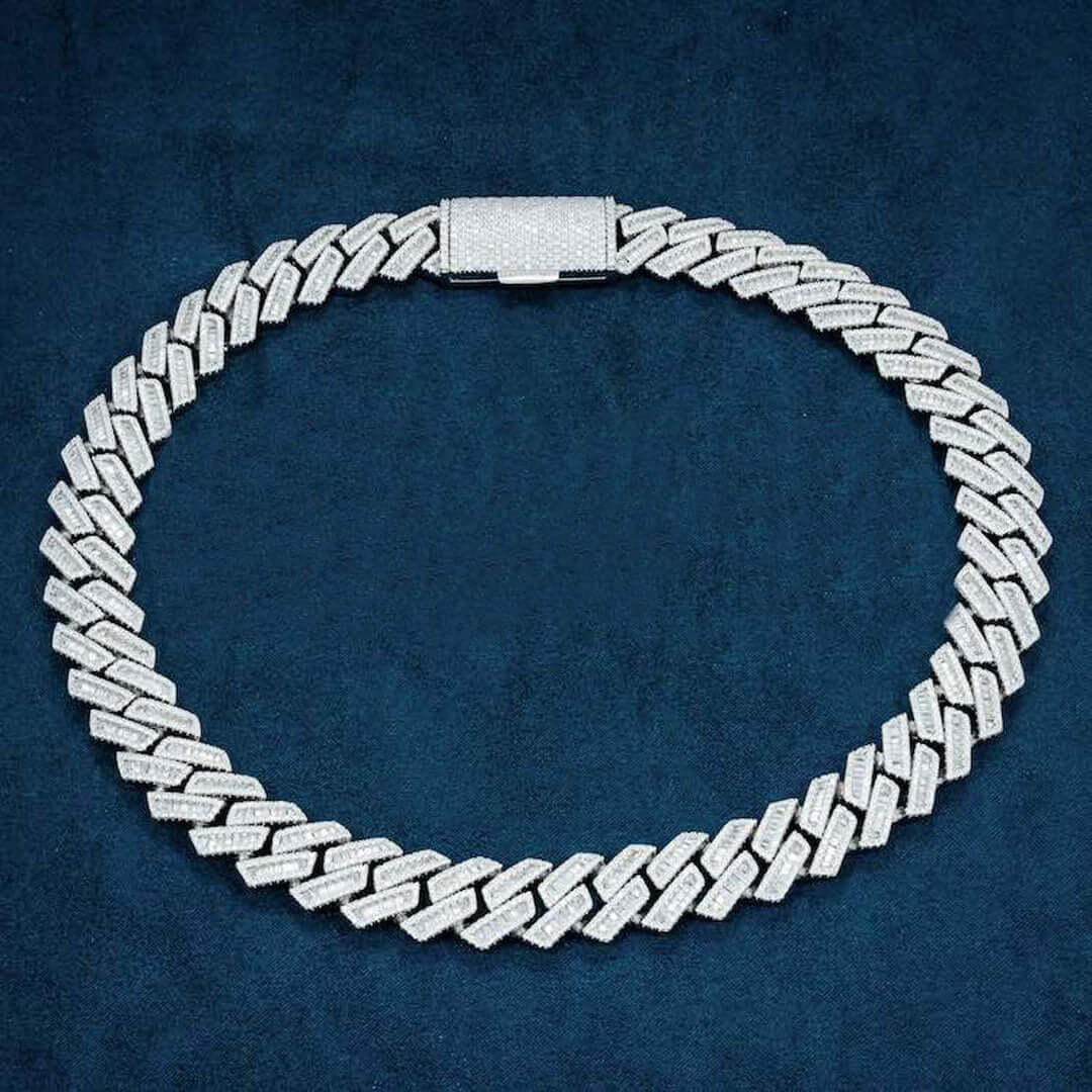 18mm Round Moissanite Cuban Link Chain ShineWeave in 14K White Gold Closeup Full Chain