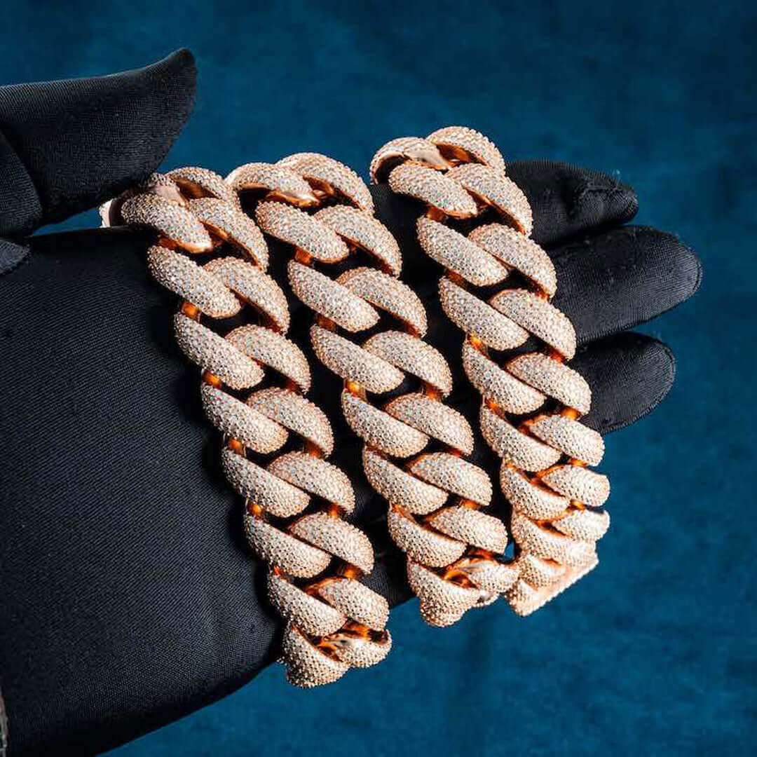 20mm Round Moissanite Cuban Link Chain Aurelon in 14K Rose Gold Full