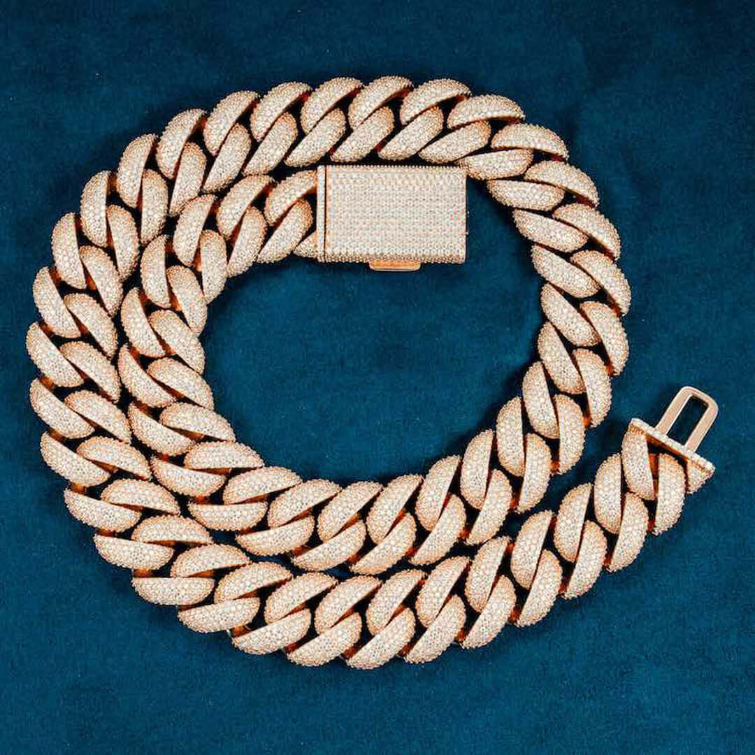 20mm Round Moissanite Cuban Link Chain Aurelon in 14K Rose Gold Full