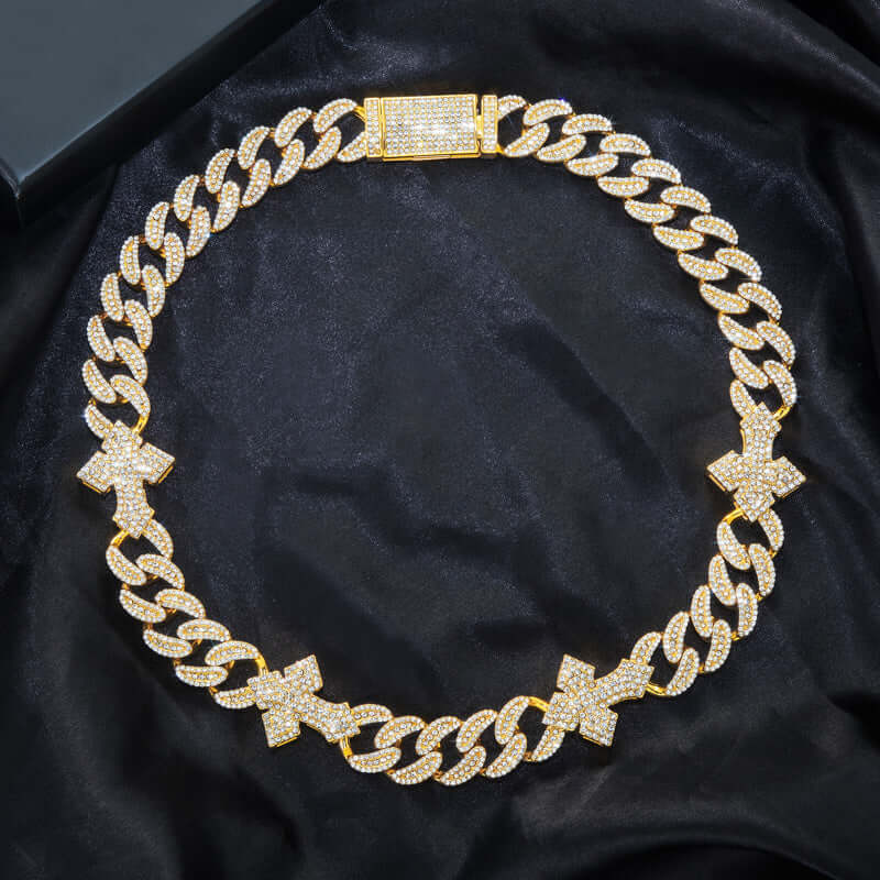 20mm Round Moissanite Cuban Link Chain Crosschain in 14K Yellow Gold Front