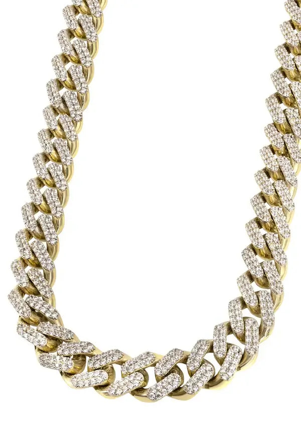 20mm Round Moissanite Cuban Link Chain OpalWeave in 14K Yellow Gold Closeup Front