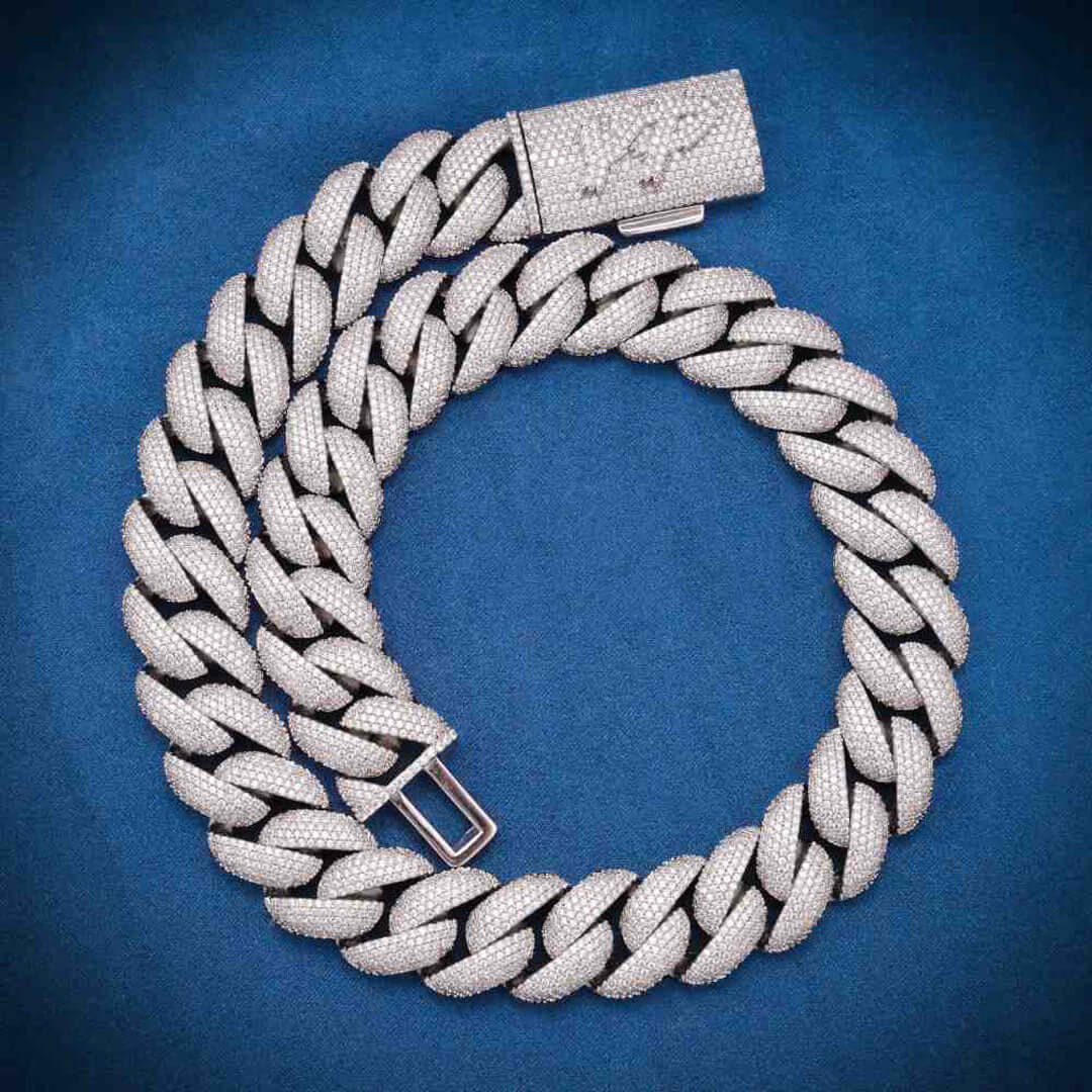 22mm Round Moissanite Cuban Link Chain GoldTwist in 14K White Gold Front